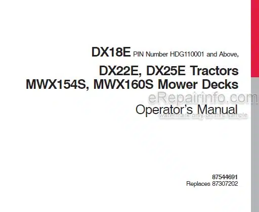 Photo 4 - Case IH DX18E DX22E DX25E MWX154S MWX160S Operators Manual Tractor And Mower Deck 87544691