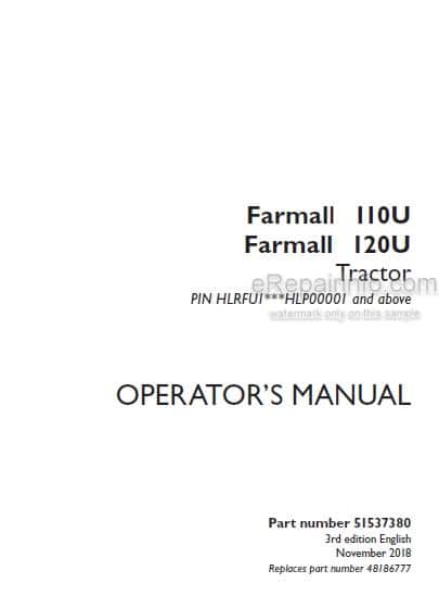 Photo 4 - Case IH Farmall 110U 120U Operators Manual Tractor 51537380