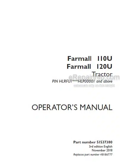 Photo 4 - Case IH Farmall 110U 120U Operators Manual Tractor 51537380