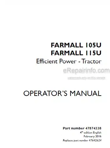 Photo 4 - Case IH Farmall 105U 115U Efficient Power Operators Manual Tractor 47874338