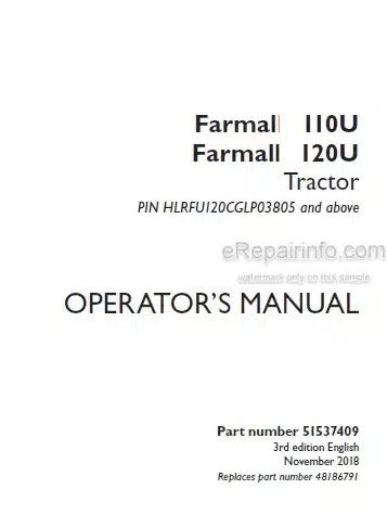 Photo 4 - Case IH Farmall 110U 120U Operators Manual Tractor PIN