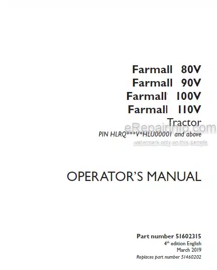 Photo 4 - Case IH Farmall 80V 90V 100V 110V Operators Manual Tractor 51602315