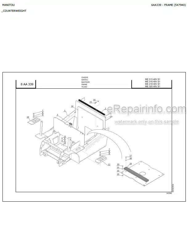 Photo 1 - Manitou ME315 ME316 ME318 ME320 48V S1 Parts Catalog Forklift