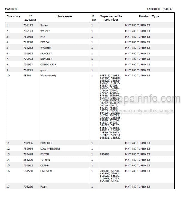 Photo 4 - Manitou MHT780 E3 Parts Catalog Telescopic Handler