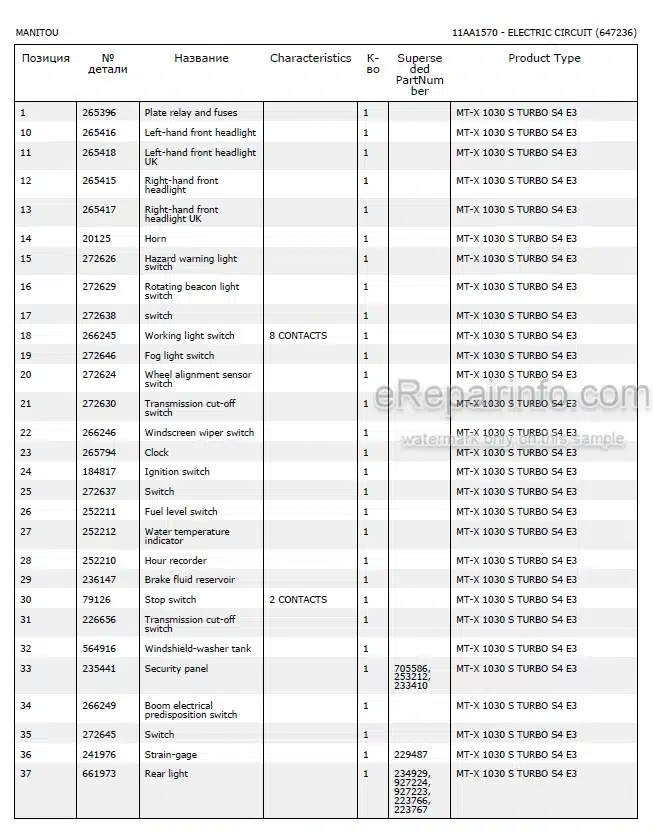 Photo 4 - Manitou MT-X1030S T S4 E3 Parts Catalog Telescopic Handler