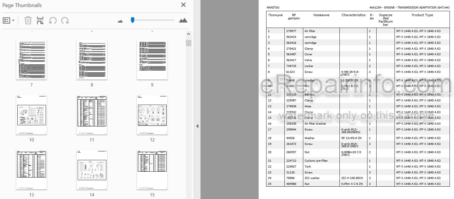 Photo 3 - Manitou MT-X1440A MT-X1840A E3 Parts Catalog Telescopic Handler