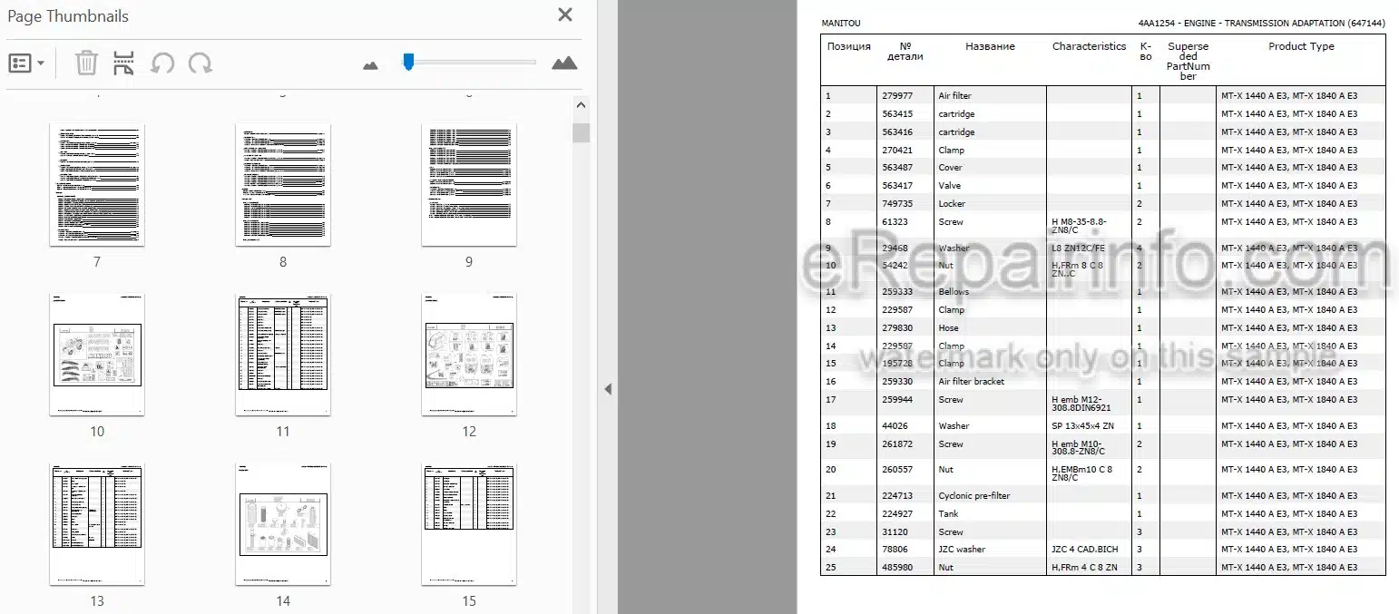 Photo 3 - Manitou MT-X1440A MT-X1840A E3 Parts Catalog Telescopic Handler