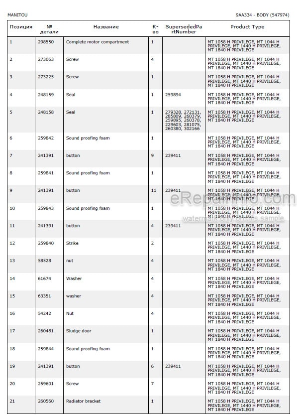 Photo 5 - Manitou MT1440H MT1840H Privilege Parts Catalog Telescopic Handler