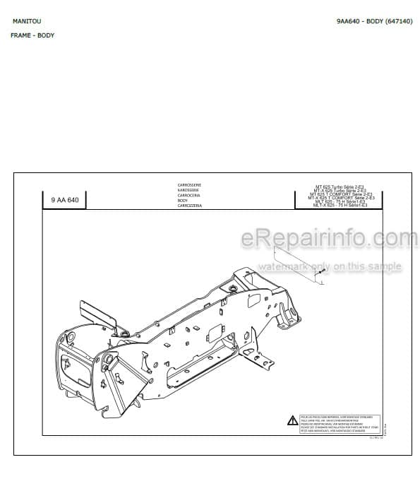 Photo 1 - Manitou MT625 MT-X625 MT625T MT-X625T MLT625-75H MLT-X625-75H Turbo Comfort S2 E3 Parts Catalog Telescopic Handler