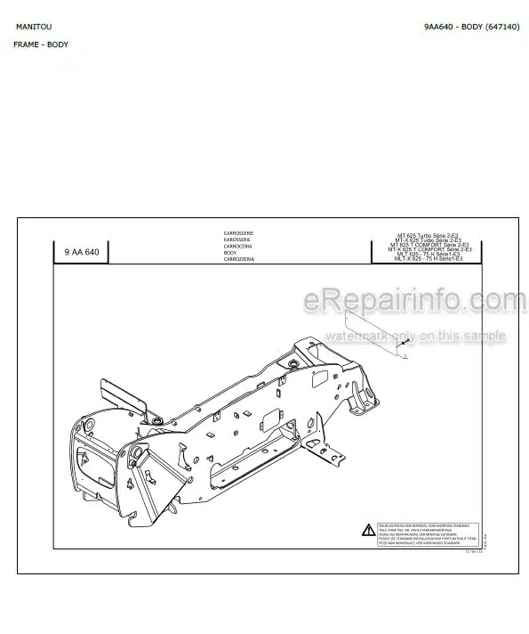 Photo 1 - Manitou MT625 MT-X625 MT625T MT-X625T MLT625-75H MLT-X625-75H Turbo Comfort S2 E3 Parts Catalog Telescopic Handler