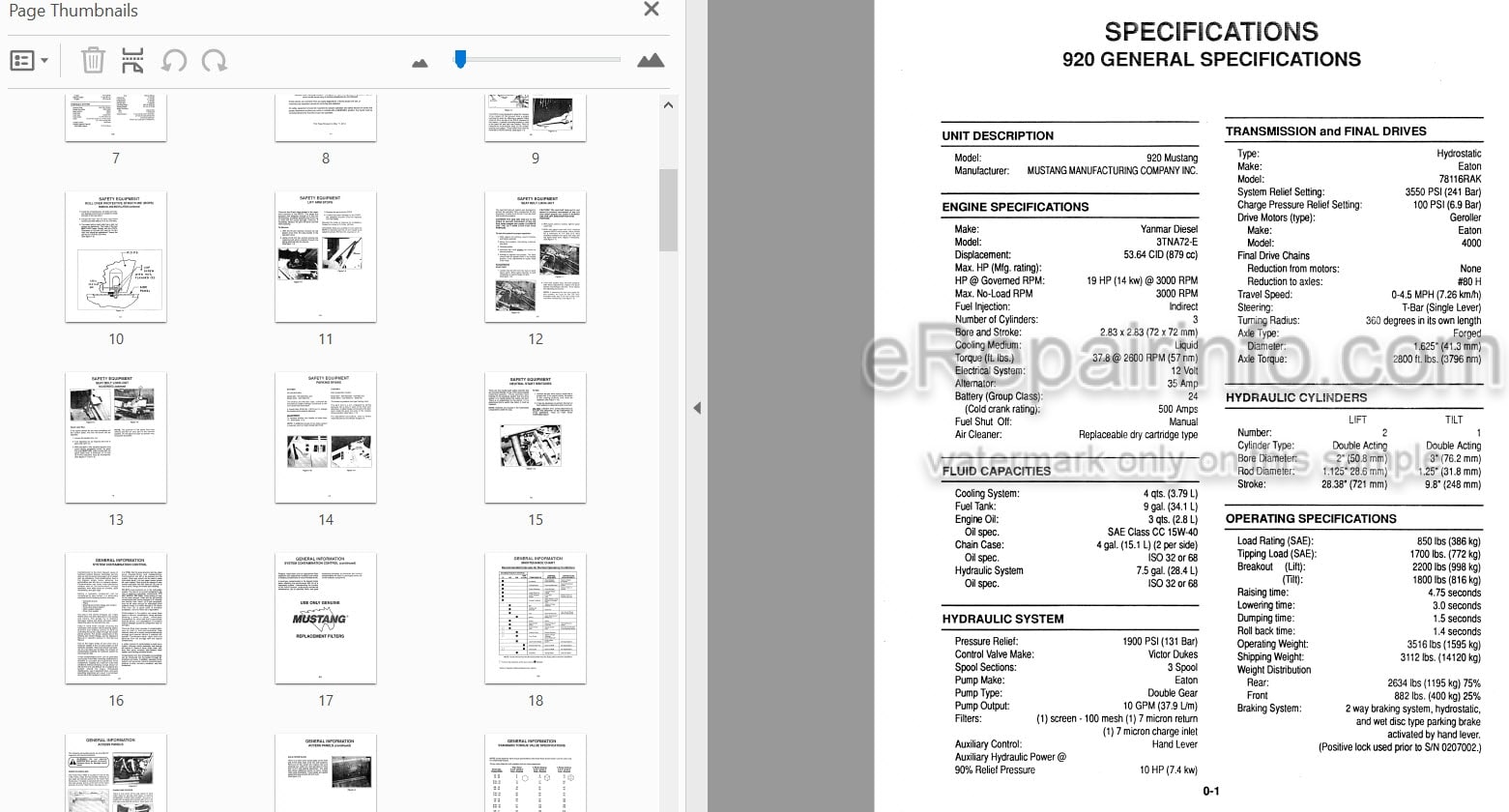Photo 3 - Mustang 920 930A Service Manual Skid Steer Loader