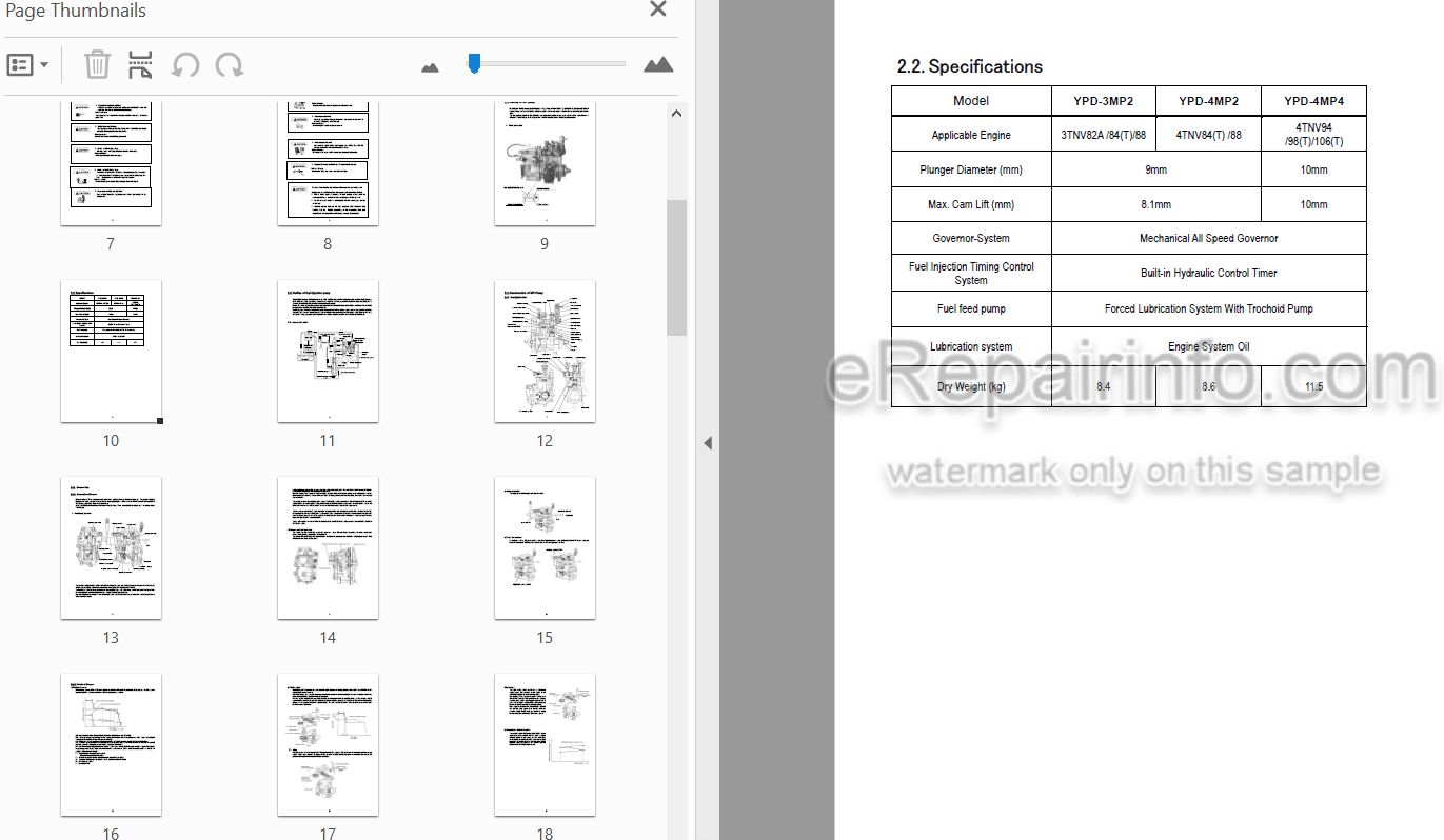 Photo 4 - Yanmar YPD-MP2 YPD-MP4 Service Manual Fuel Injection Equipment