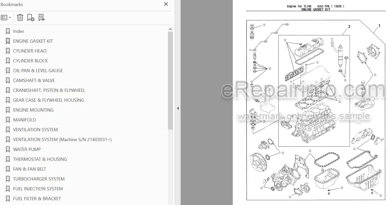 Photo 3 - Isuzu 4JG1-TPA Parts Catalog Engine For Takeuchi TL140 Crawler Loader