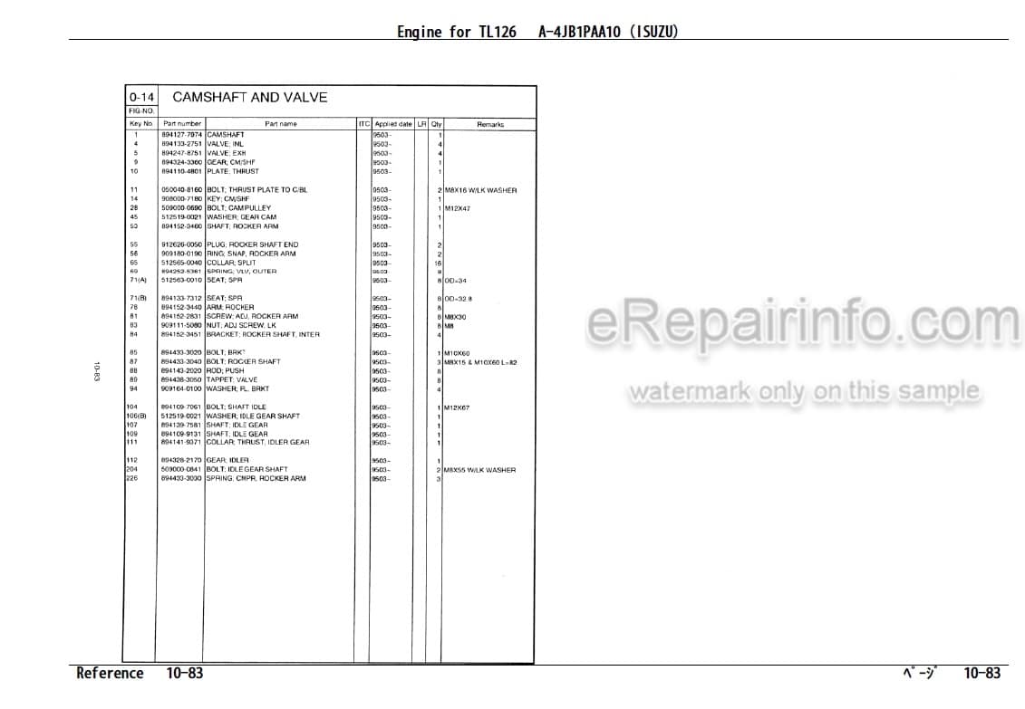 Photo 4 - Isuzu A-4JB1PAA10 Parts Catalog Engine For Takeuchi TL26 TL126 Crawler Loader