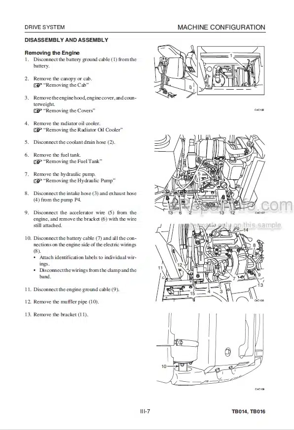Photo 2 - Takeuchi TB014 TB016 Workshop Manual Compact Excavator 11400003- 11600003-