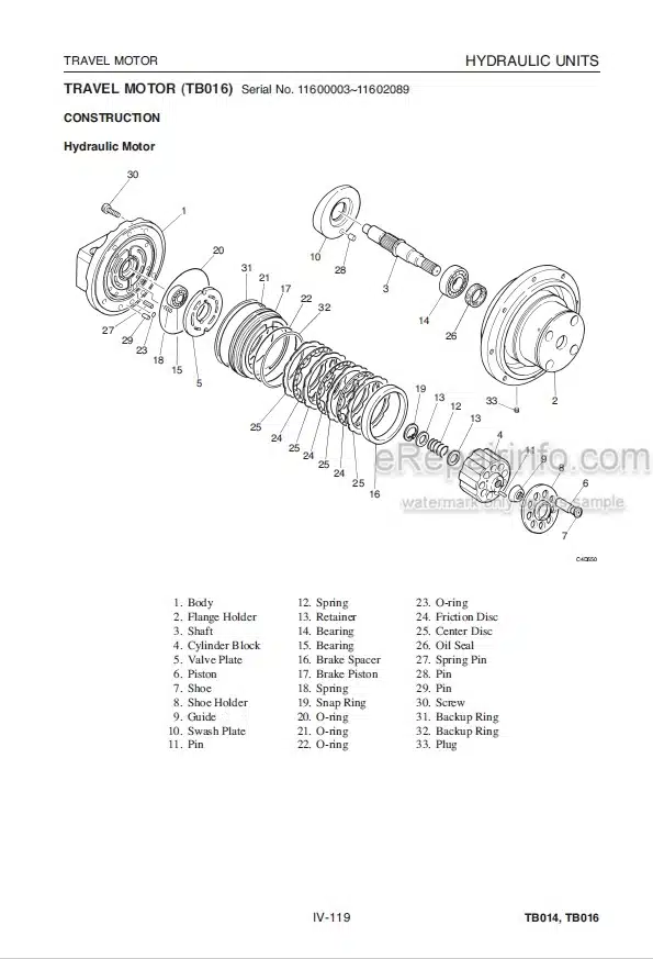 Photo 3 - Takeuchi TB014 TB016 Workshop Manual Compact Excavator 11400003- 11600003-
