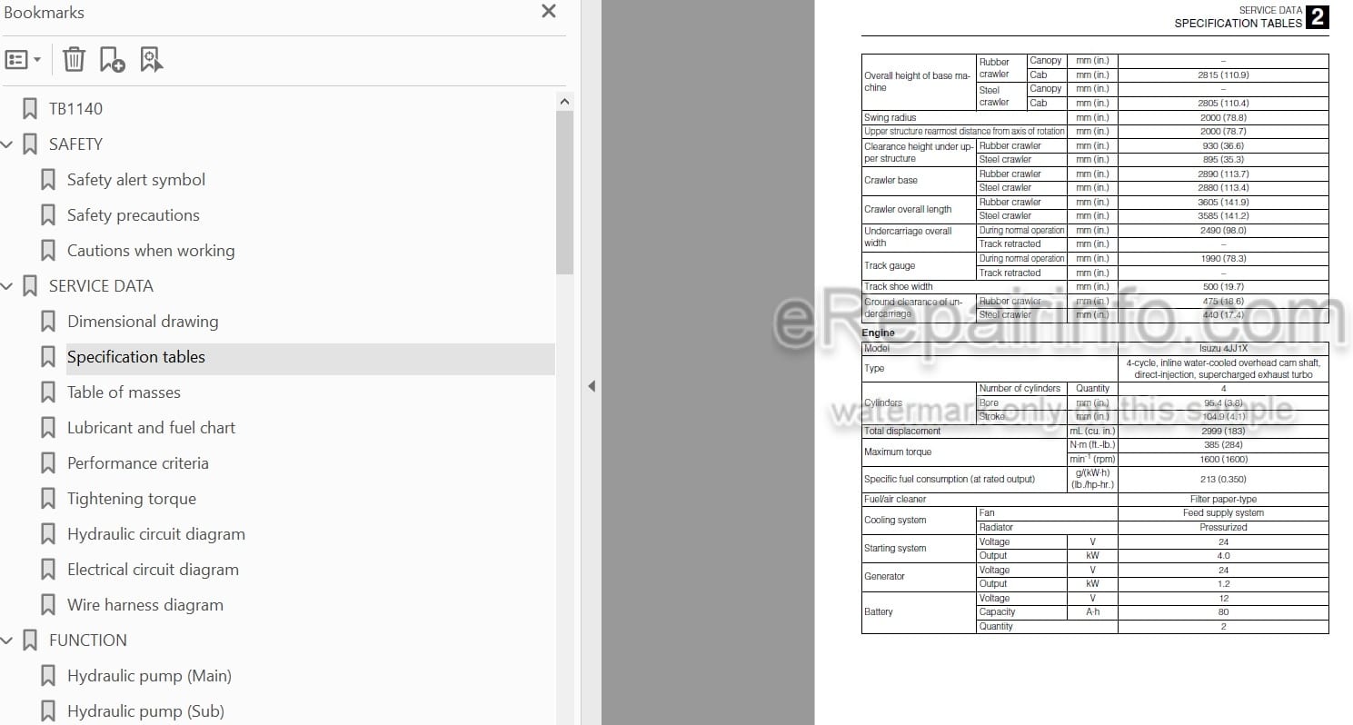 Photo 5 - Takeuchi TB1140 Workshop Manual Hydraulic Excavator 514400002-