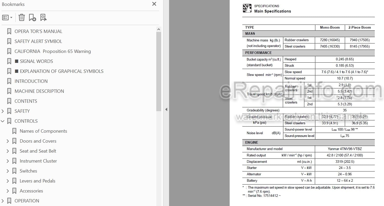 Photo 3 - Takeuchi TB175 Operators Manual Hydraulic Excavator 17512105-