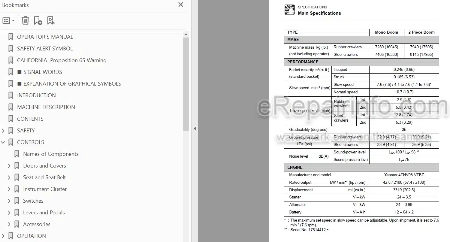 Photo 3 - Takeuchi TB175 Operators Manual Hydraulic Excavator 17512105-