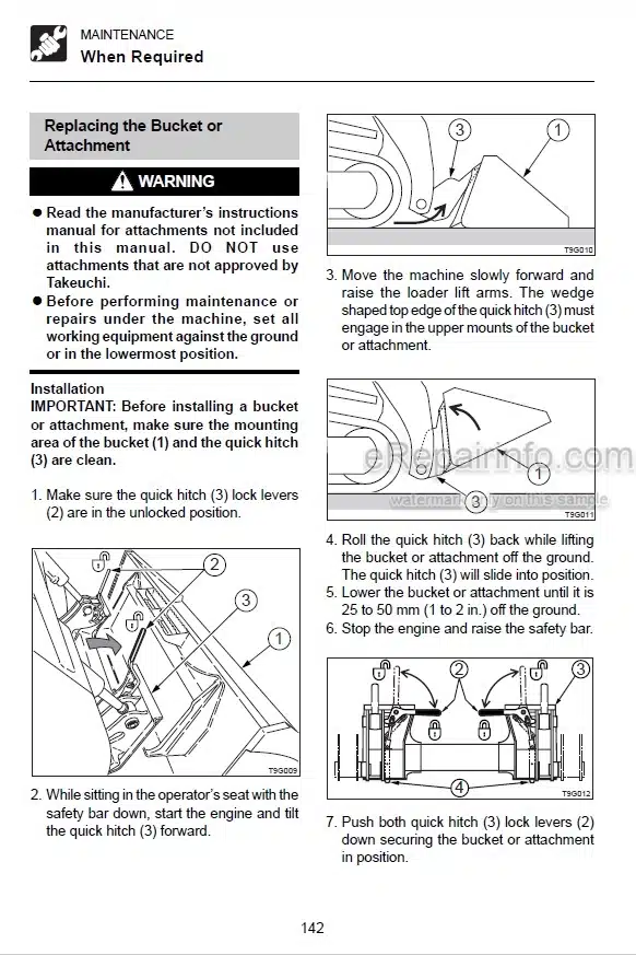 Photo 7 - Takeuchi TL130 TL150 Operators Manual Crawler Loader 21300511- 21500520-