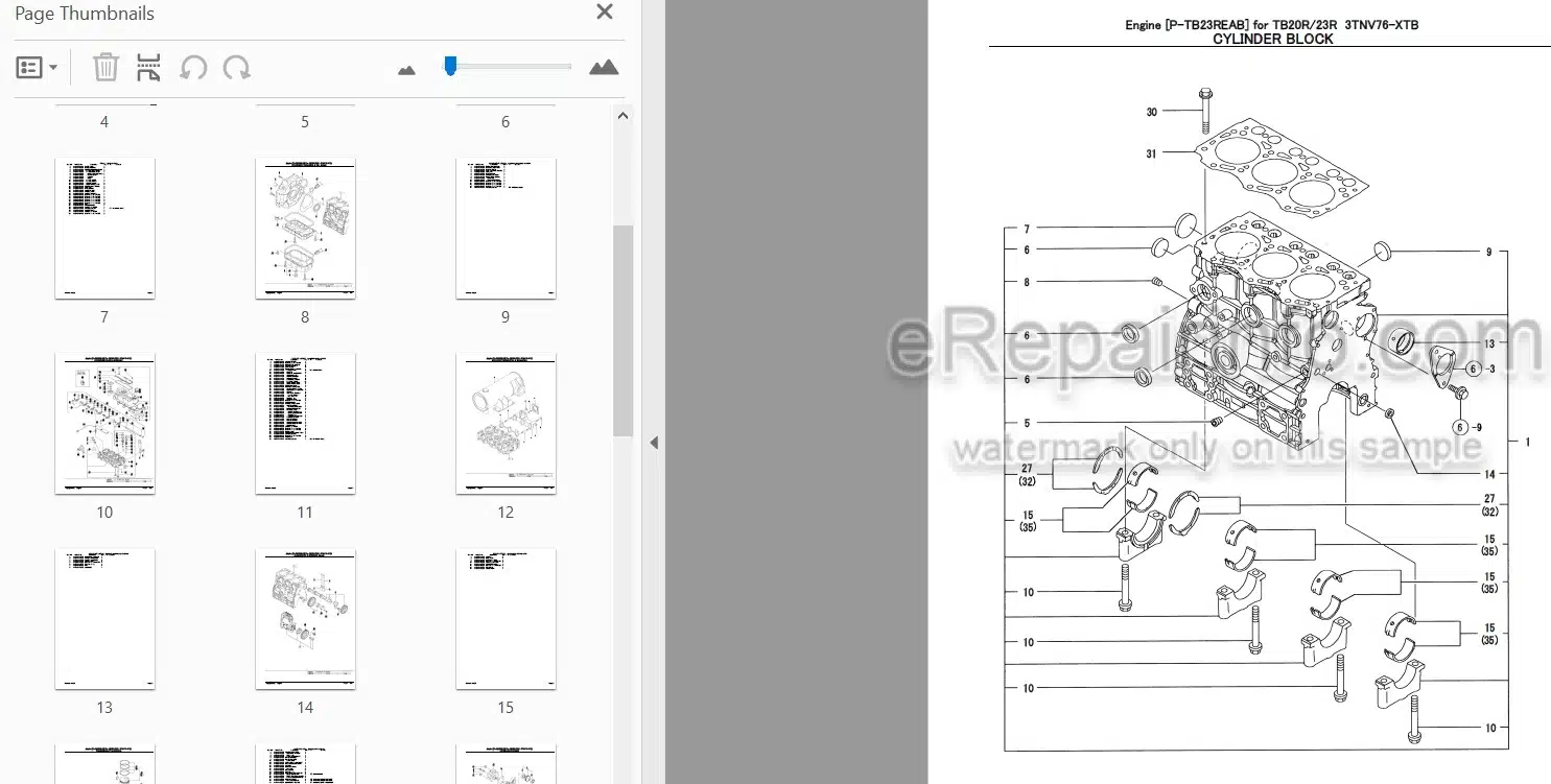 Photo 3 - Yanmar 2TNV76-XTB Parts Catalog Engine For Takeuchi TB20R TB23R Compact Excavator