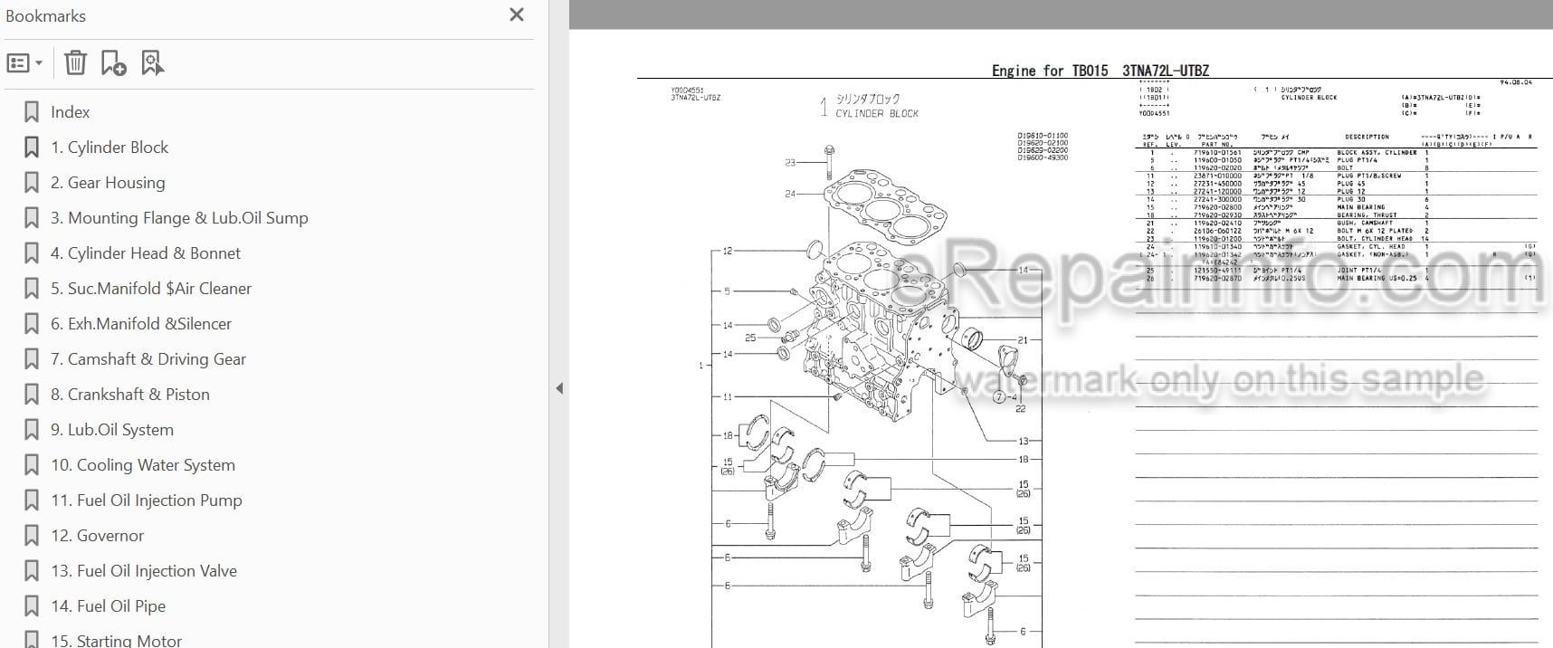 Photo 3 - Yanmar 3TNA72L-UTBZ Parts Catalog Engine For Takeuchi TB015 Compact Excavator