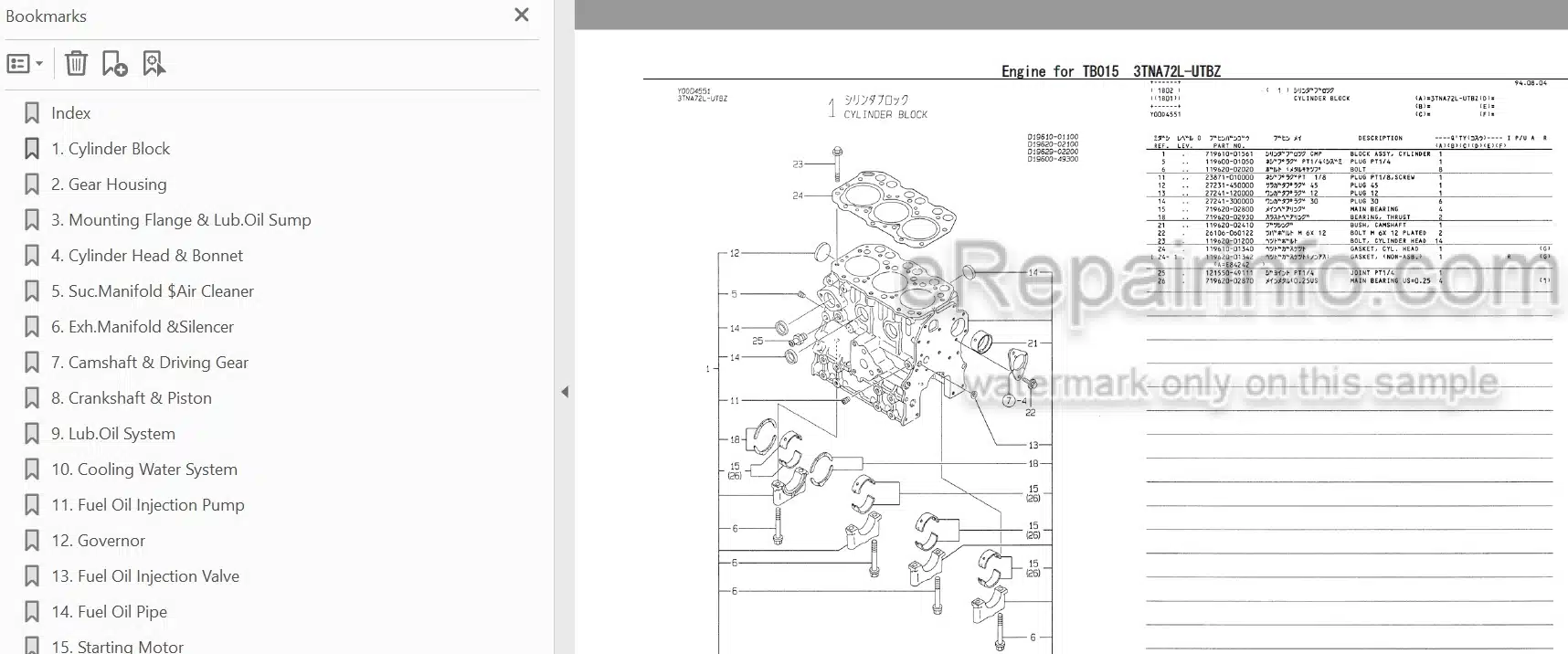 Photo 3 - Yanmar 3TNA72L-UTBZ Parts Catalog Engine For Takeuchi TB015 Compact Excavator