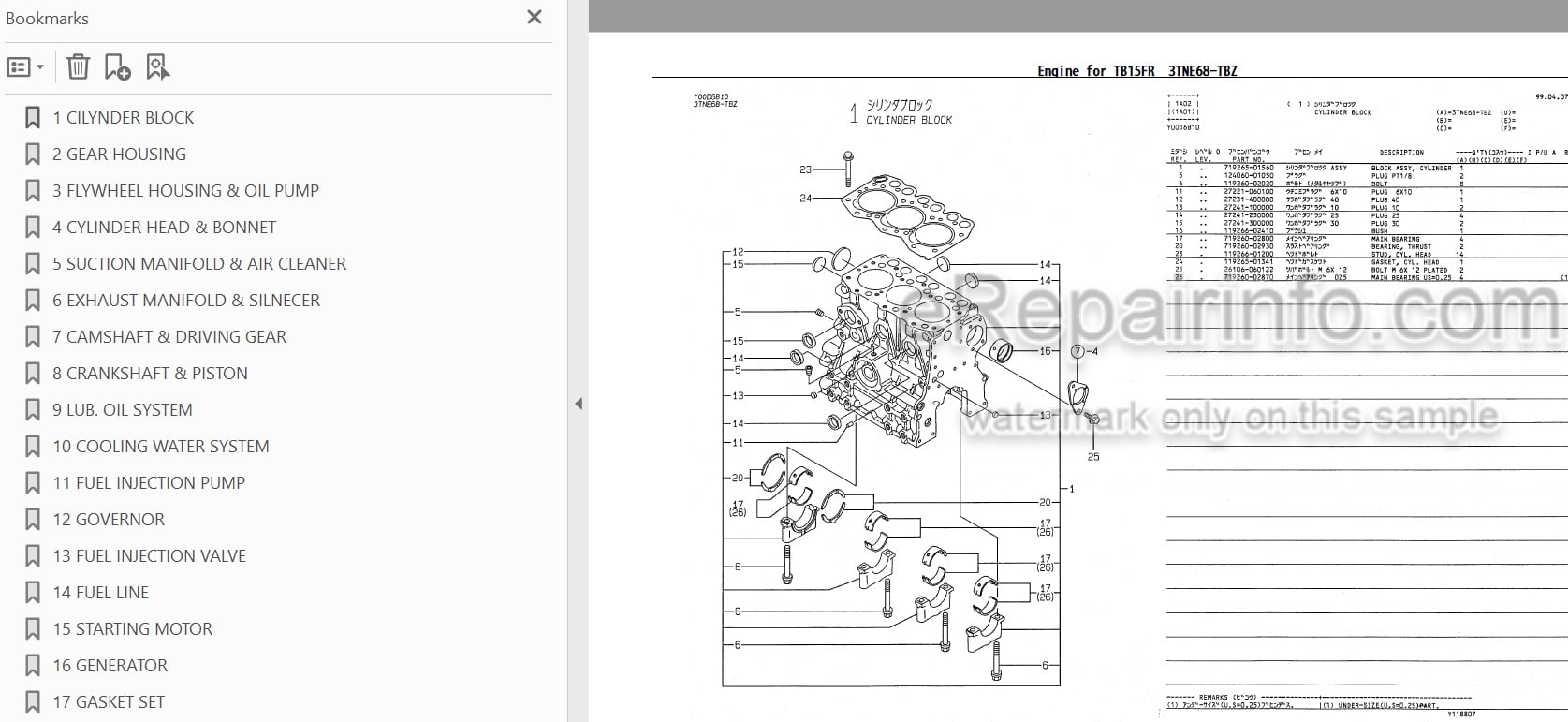 Photo 3 - Yanmar 3TNE68-TBZ Parts Catalog Engine For Takeuchi TB15FR Compact Excavator