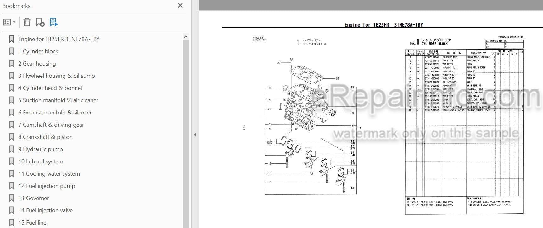 Photo 3 - Yanmar 3TNE78A-TBY Parts Catalog Engine For Takeuchi TB25FR Compact Excavator