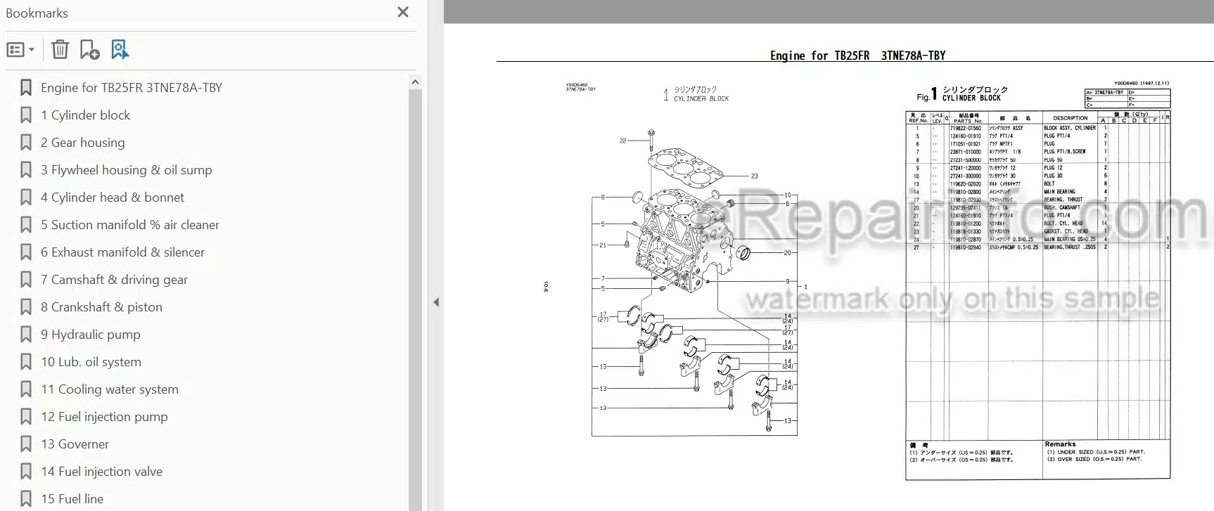 Photo 3 - Yanmar 3TNE78A-TBY Parts Catalog Engine For Takeuchi TB25FR Compact Excavator