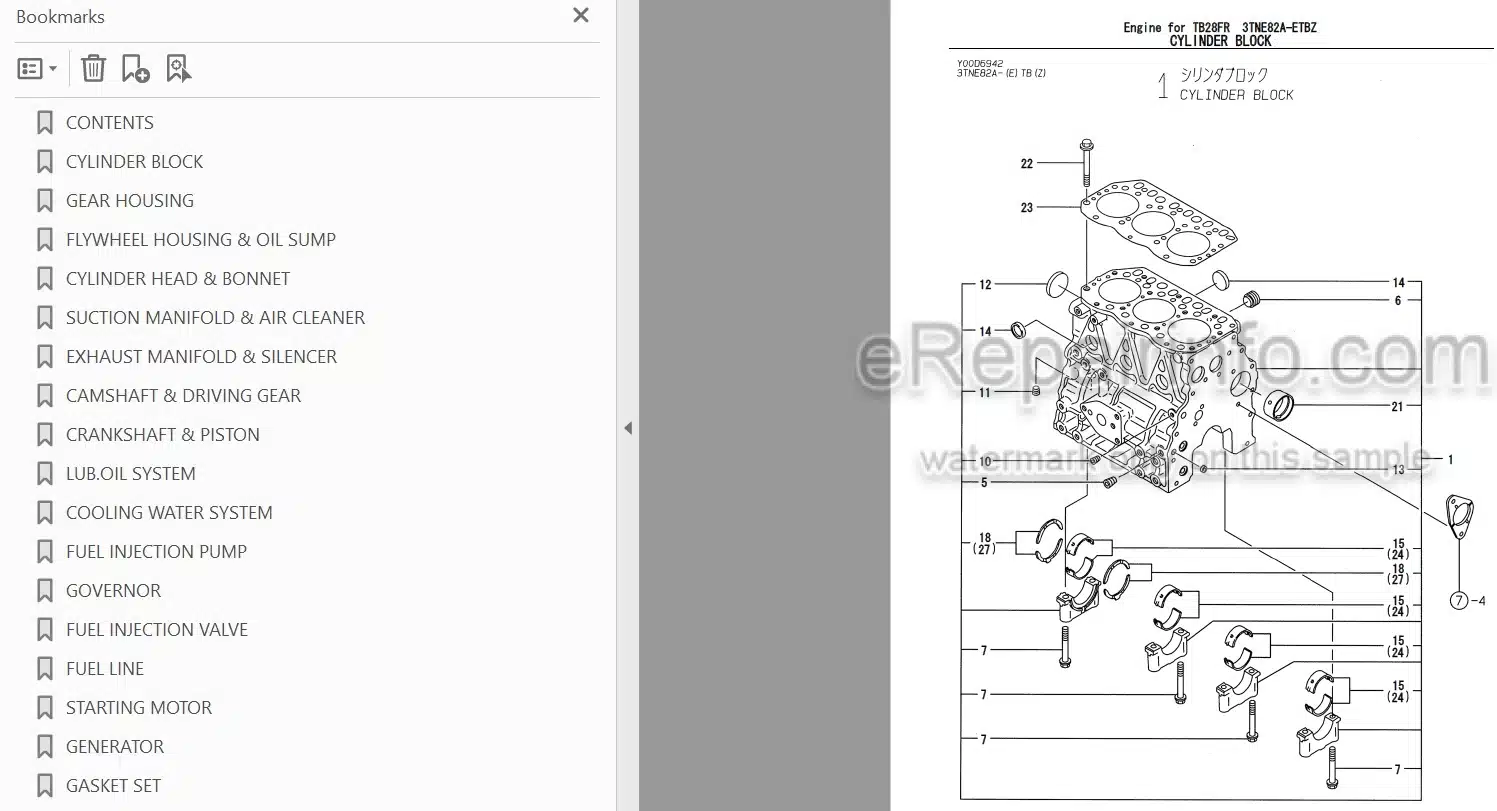 Photo 3 - Yanmar 3TNE82A-ETBZ Parts Catalog Engine For Takeuchi TB28FR Compact Excavator