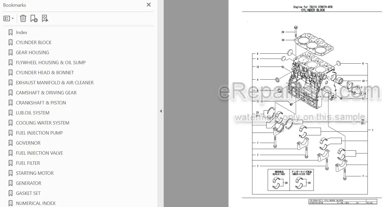 Photo 3 - Yanmar 3TNV70-NTB Parts Catalog Engine For Takeuchi TB219 Mini Excavator