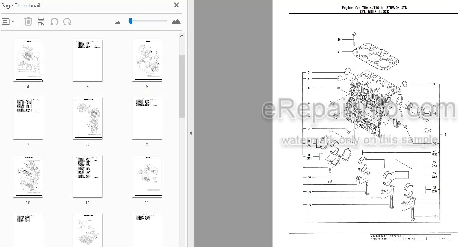 Photo 3 - Yanmar 3TNV70-STB Parts Catalog Engine For Takeuchi TB014 TB016 Compact Excavator