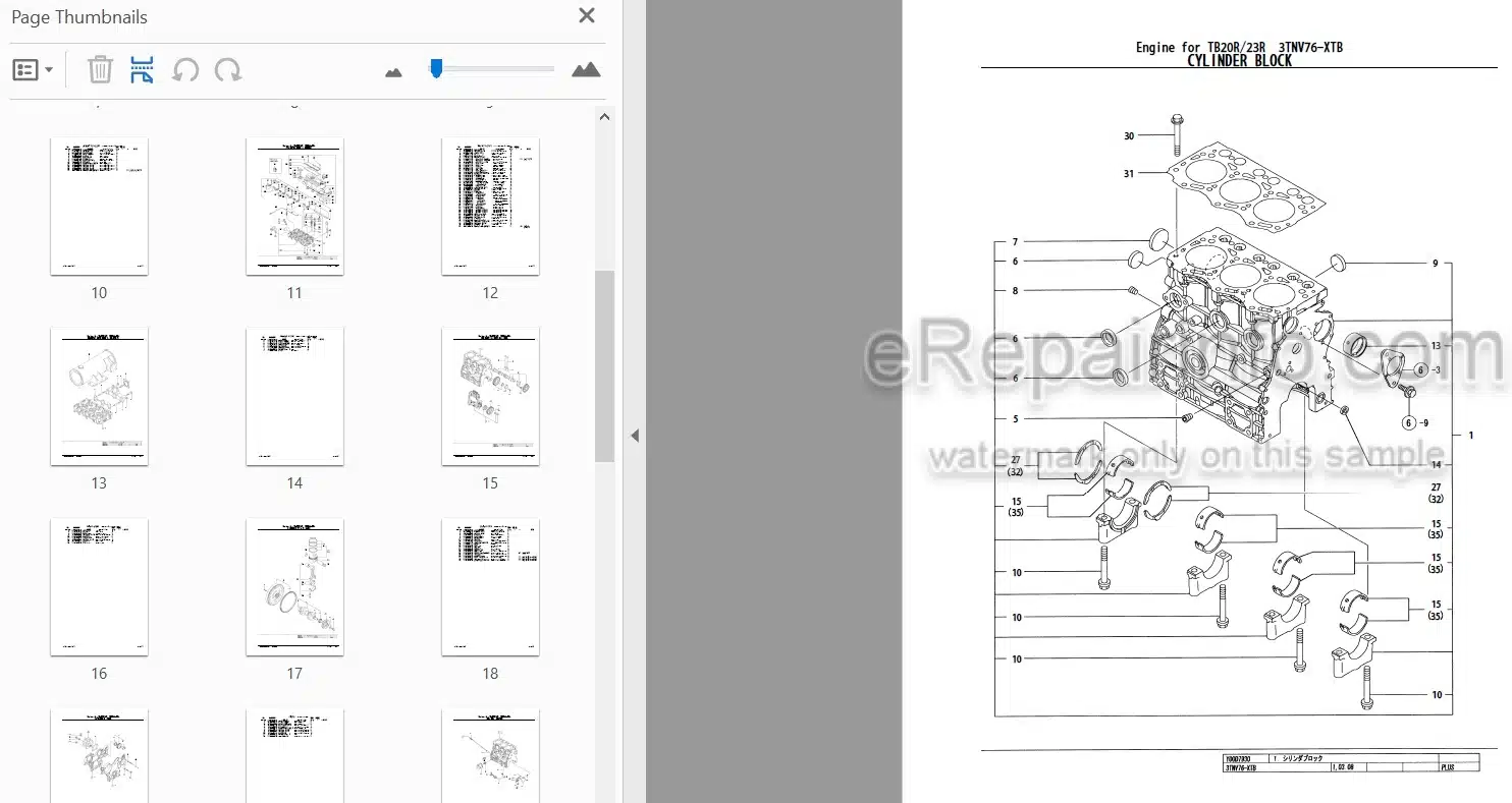 Photo 3 - Yanmar 3TNV76-XTB Parts Catalog Engine For Takeuchi TB20R Compact Excavator