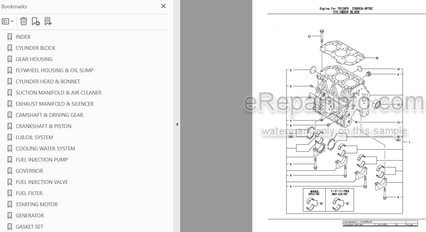 Photo 3 - Yanmar 3TNV82A-BPTZ Parts Catalog Engine For Takeuchi TB128FR Mini Excavator