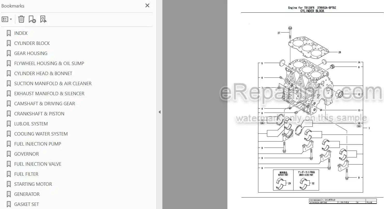 Photo 3 - Yanmar 3TNV82A-BPTZ Parts Catalog Engine For Takeuchi TB128FR Mini Excavator