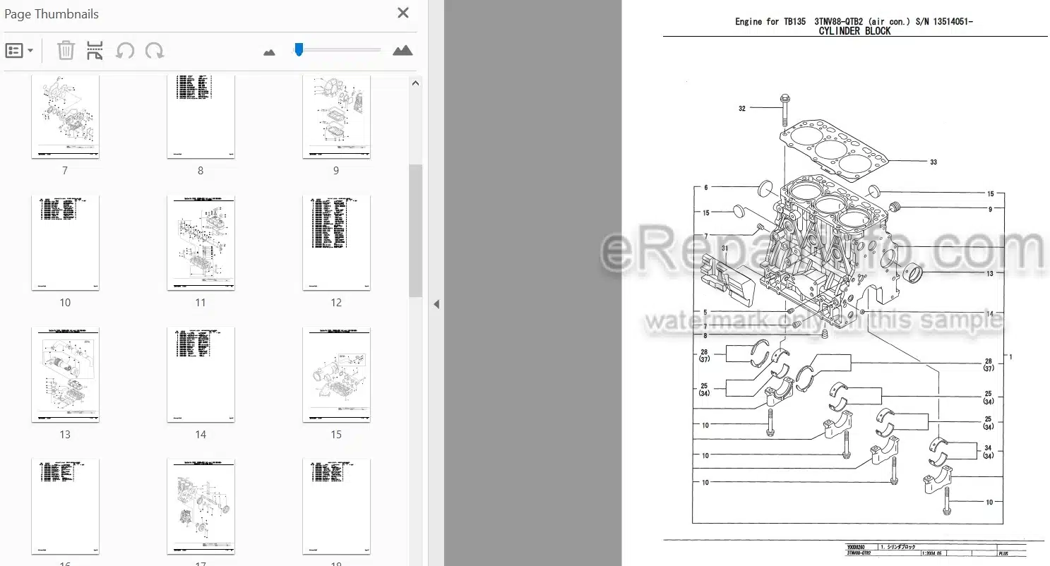 Photo 3 - Yanmar 3TNV88-QTB2 Parts Catalog Engine For Takeuchi TB135 Compact Excavator 13514051-