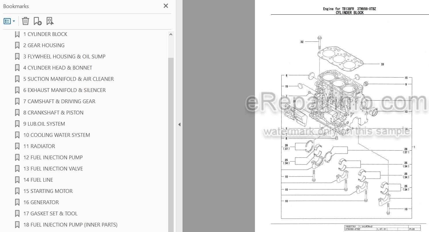 Photo 3 - Yanmar 3TNV88-XTBZ Parts Catalog Engine For Takeuchi TB138FR Hydraulic Excavator