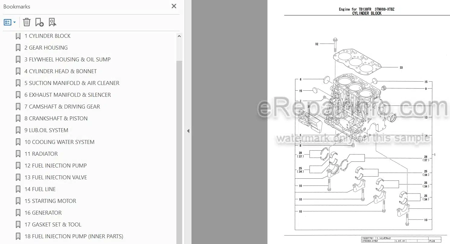 Photo 3 - Yanmar 3TNV88-XTBZ Parts Catalog Engine For Takeuchi TB138FR Hydraulic Excavator