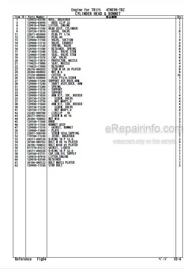 Photo 4 - Yanmar 4TNE98-TBZ 4TNV98-VTBZ Parts Catalog Engine For Takeuchi TB175 Hydraulic Excavator