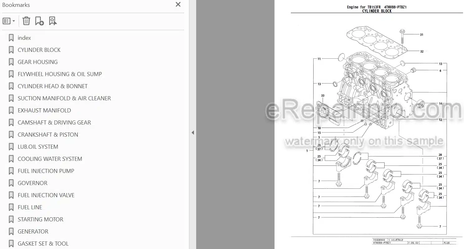 Photo 3 - Yanmar 4TNV88-PTBZ1 Parts Catalog Engine For Takeuchi TB153FR Compact Excavator