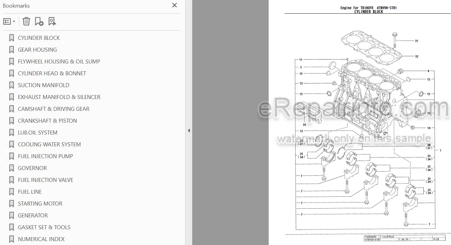 Photo 3 - Yanmar 4TNV98-STB1 Parts Catalog Engine For Takeuchi TB180FR Hydraulic Excavator