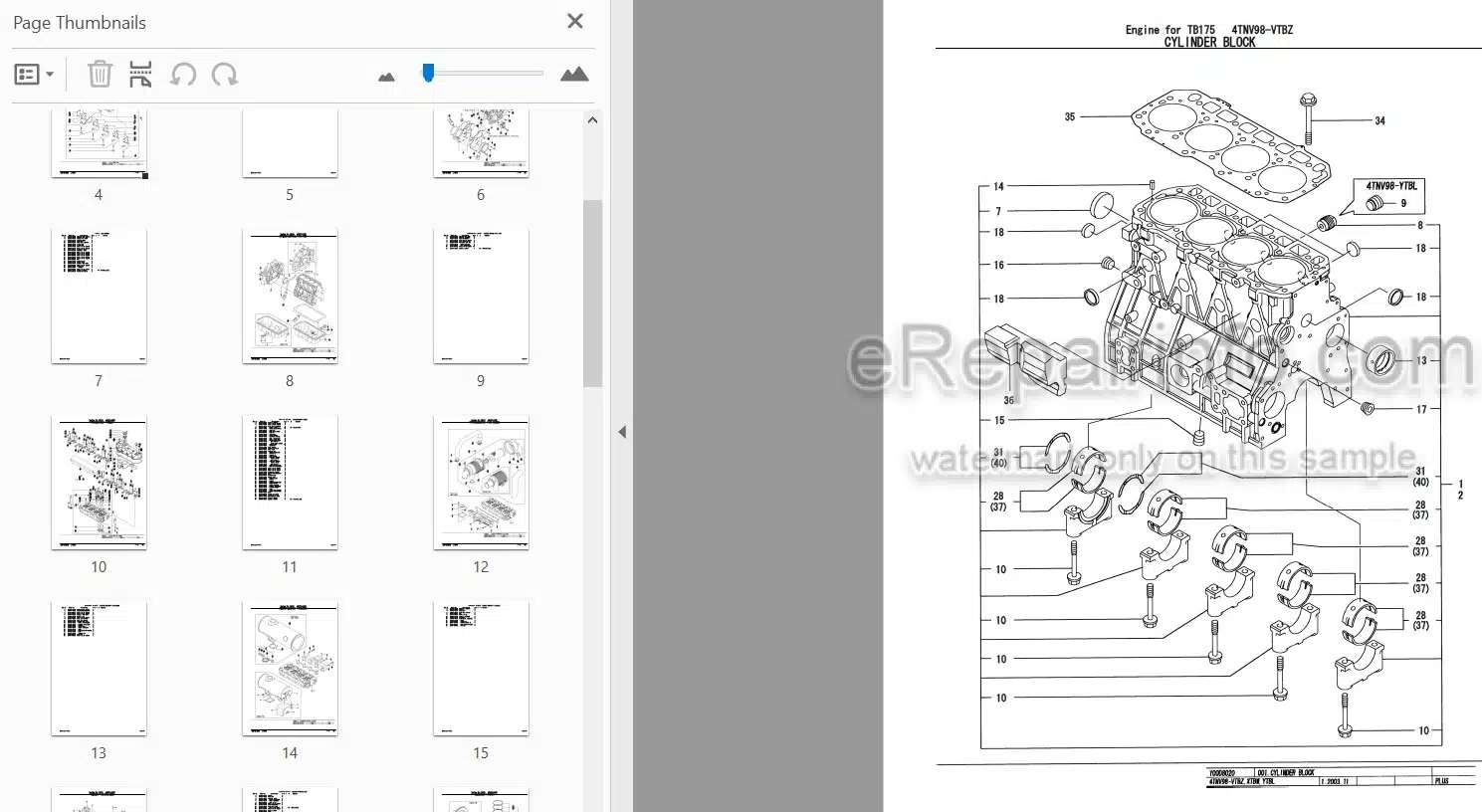 Photo 3 - Yanmar 4TNV98-VTBZ Parts Catalog Engine For Takeuchi TB175 Hydraulic Excavator