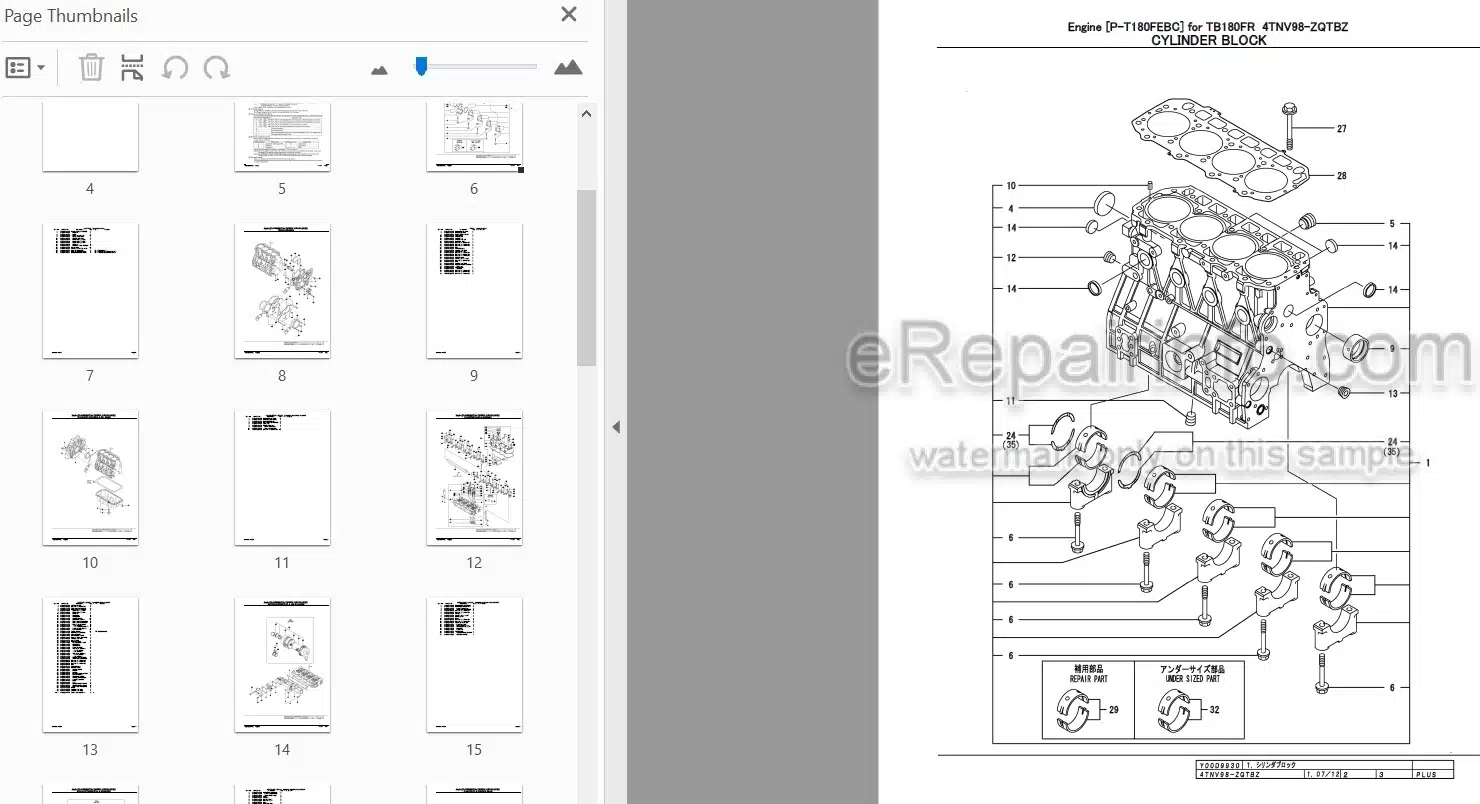 Photo 3 - Yanmar 4TNV98-ZQTBZ Parts Catalog Engine For Takeuchi TB180FR Hydraulic Excavator