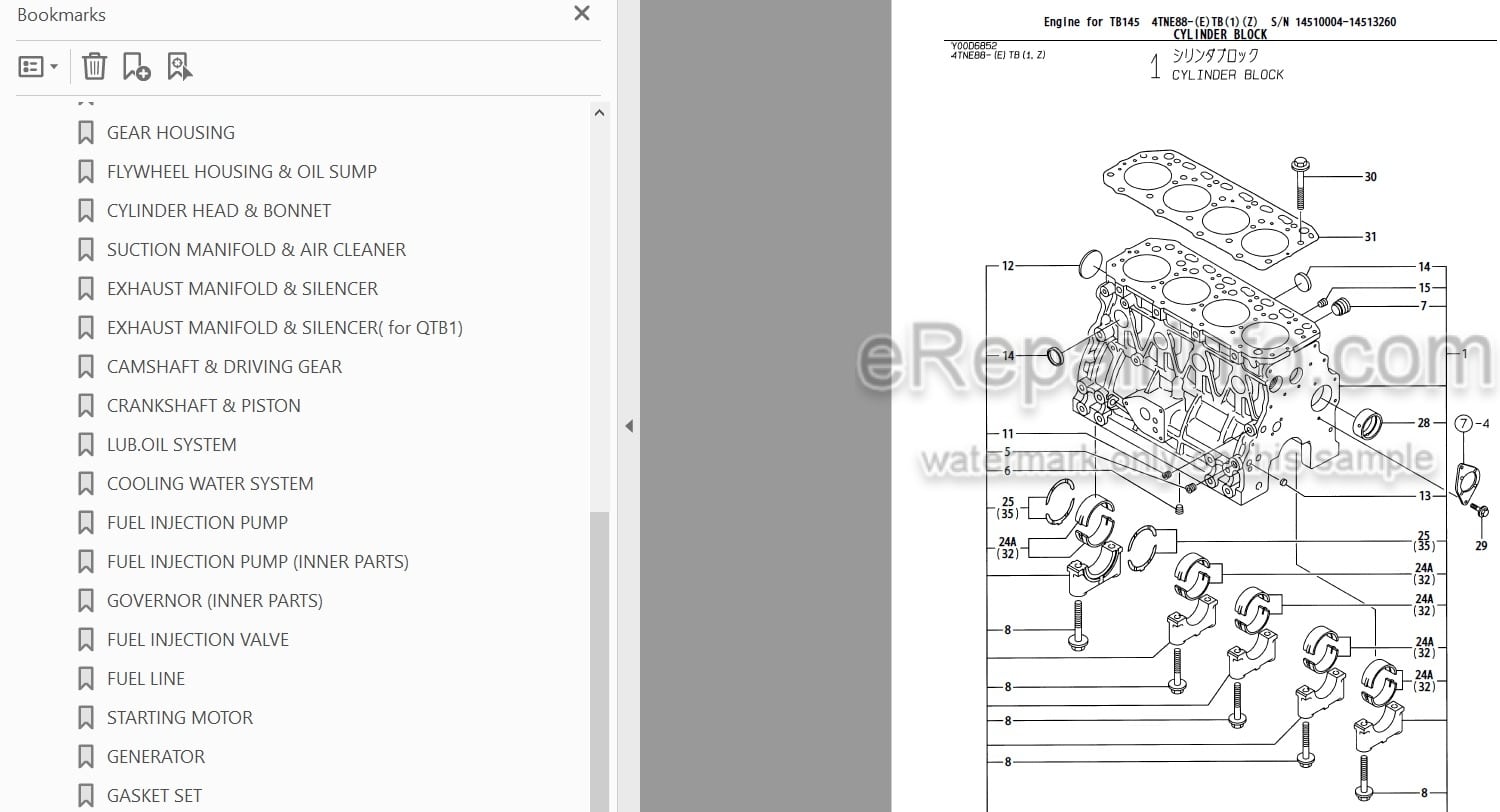 Photo 4 - Yanmar 4TNE88-ETB 4TNE88-TB1 4TNE88-TBZ 4TNV88-QTB 4TNV88-QTB1 Parts Catalog Engine For Takeuchi TB145 Compact Excavator