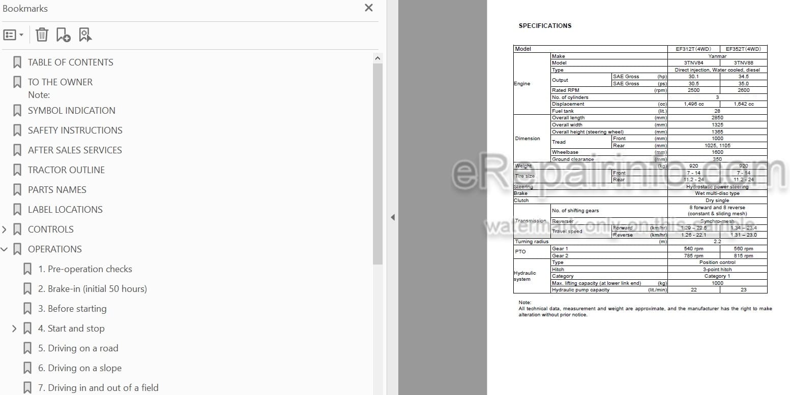 Photo 3 - Yanmar EF312T EF352T Operators Manual Diesel Tractor