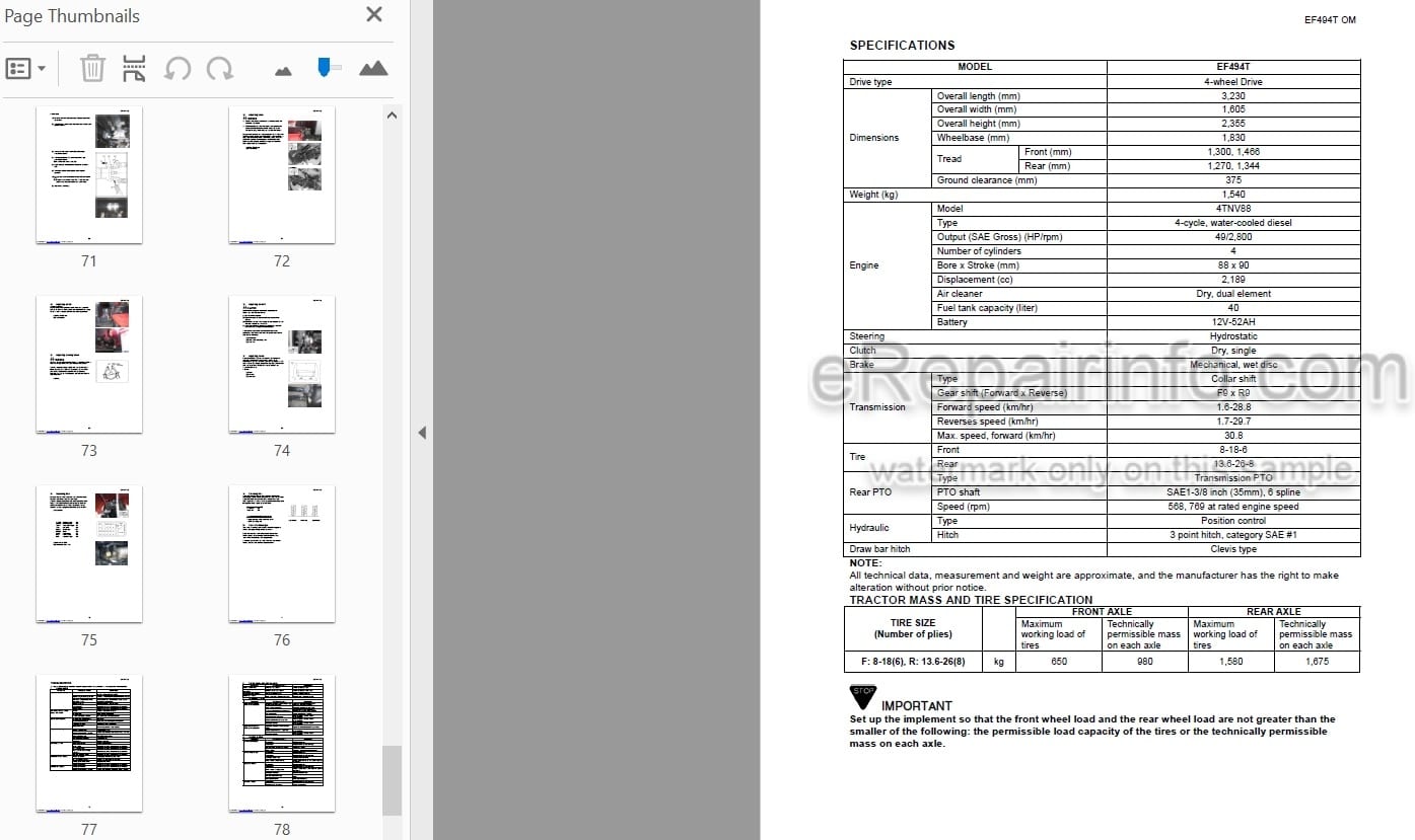 Photo 5 - Yanmar EF494T Operators Manual Diesel Tractor
