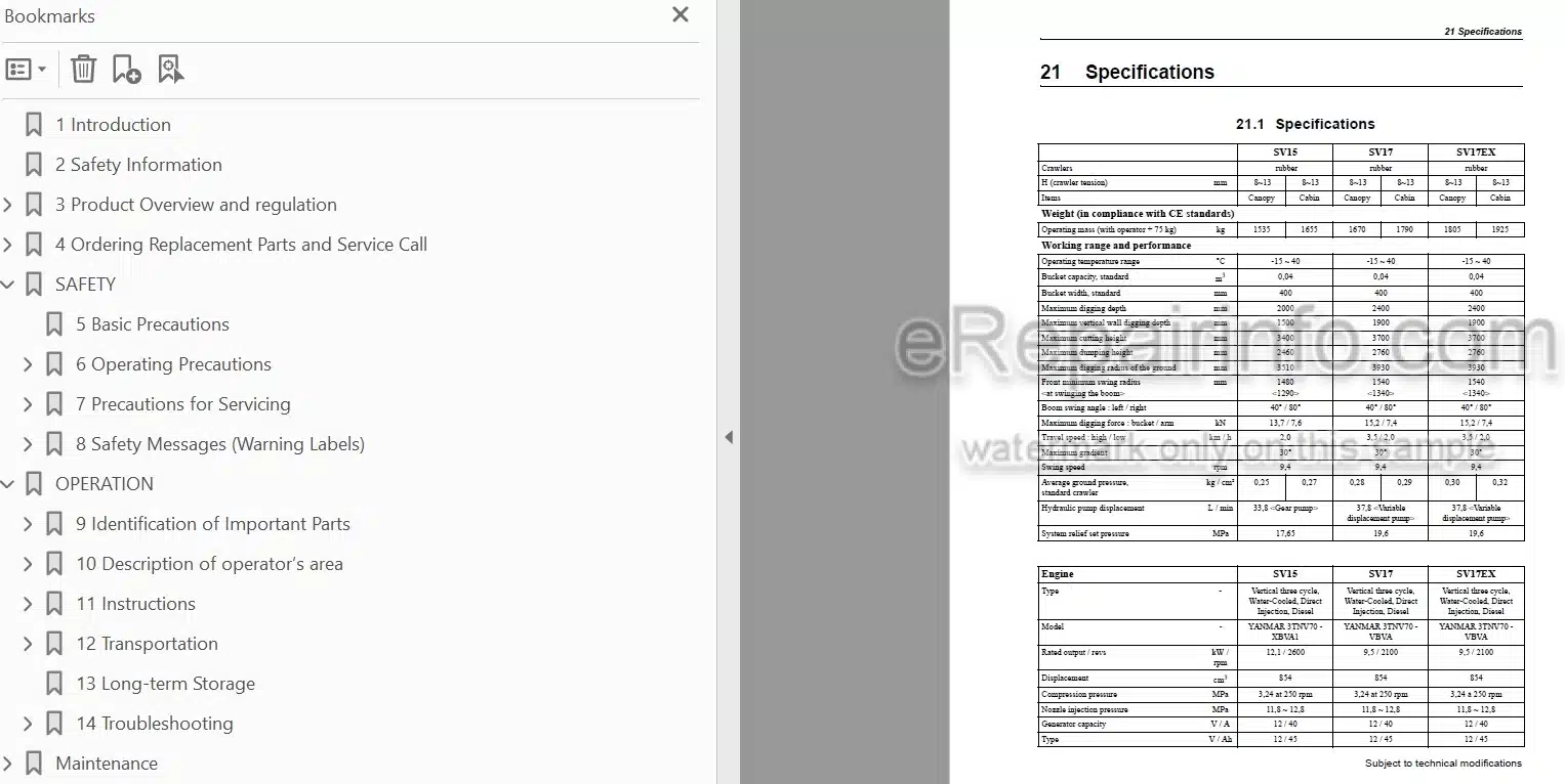 Photo 4 - Yanmar SV15 SV17 SV17EX Operation And Maintenance Manual Mini Excavator