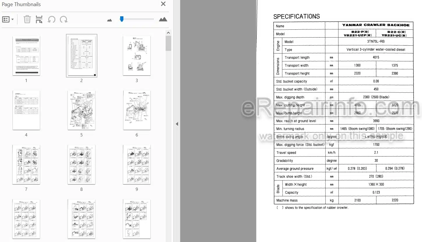 Photo 4 - Yanmar YB221U YB221UZ B22 B22-1 Parts Catalog Excavator