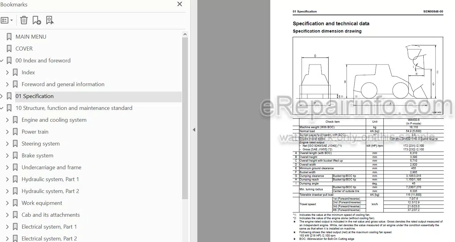 Photo 4 - Komatsu Galeo WA430-6 KA Spec Shop Manual Wheel Loader SEN00837-03D SN 65001-